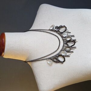 Double Chain Statement Necklace Clear, Black, Silver Details And Faux Crystals